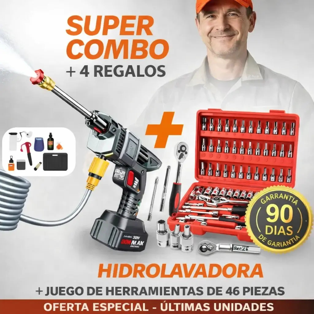 Hidrolavadora Portátil 2 Baterías 48V TurboJet™ + Juego de Herramientas Profesional 46 Piezas