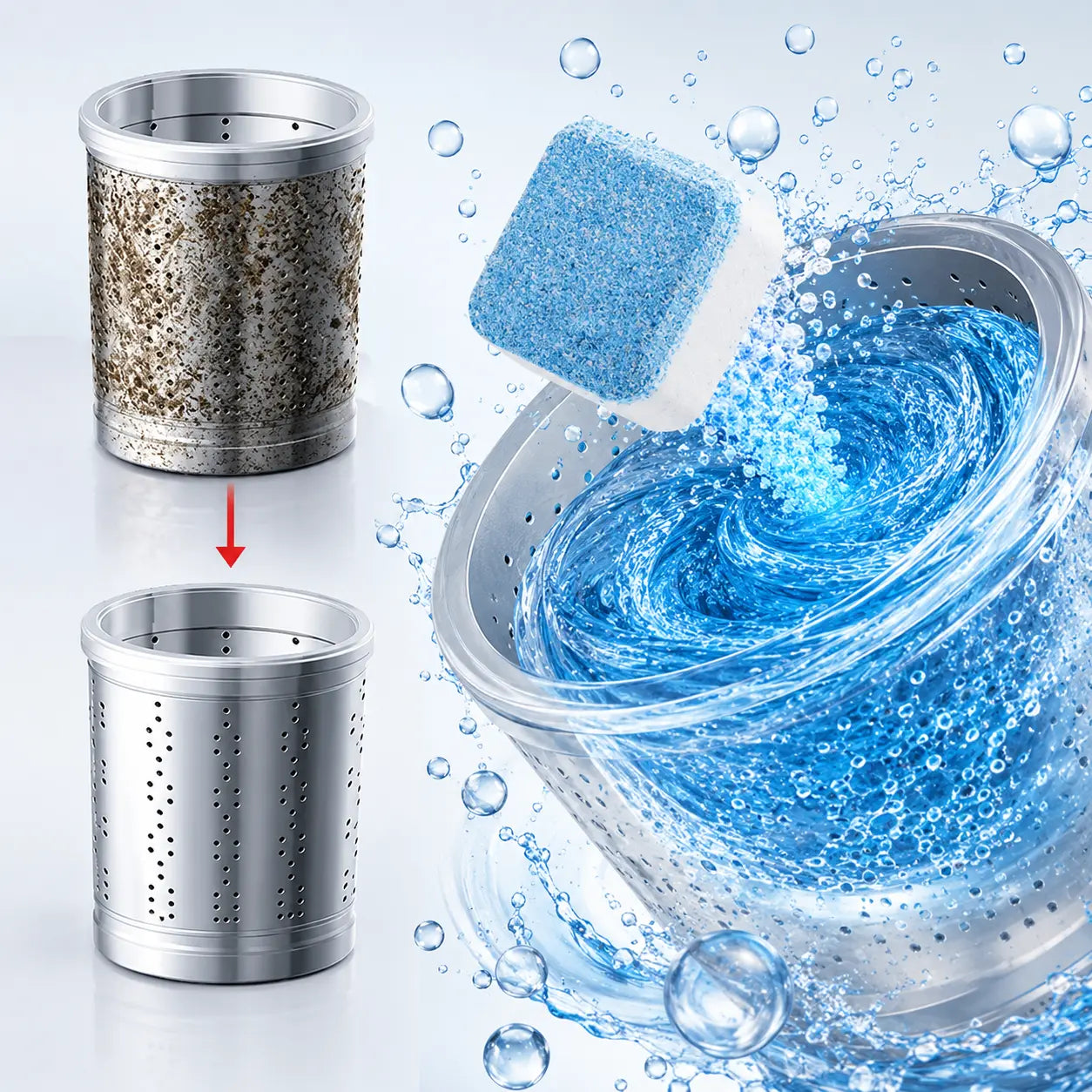 Kit Limpieza CleanMax™: 12 Pastillas Limpieza Lavadora Efervesce + Polvo Limpiador Tuberias Destapa Canos